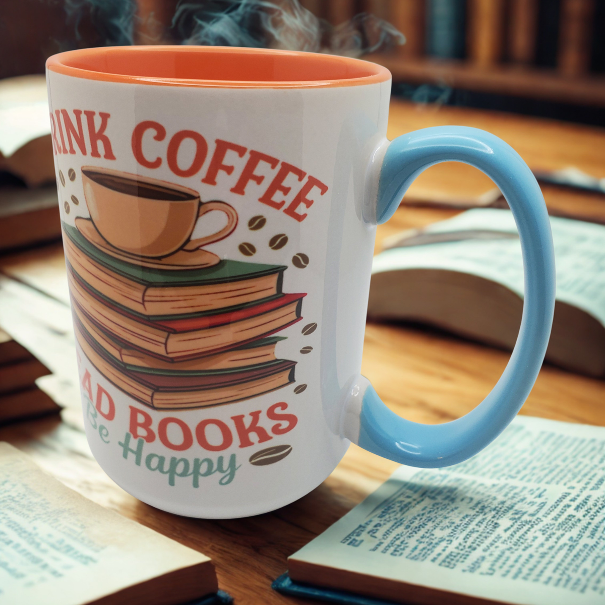Drink Coffee Read Books Be Happy 15 oz Sahara Beveled Ceramic Mug | Book Lover Coffee Mug