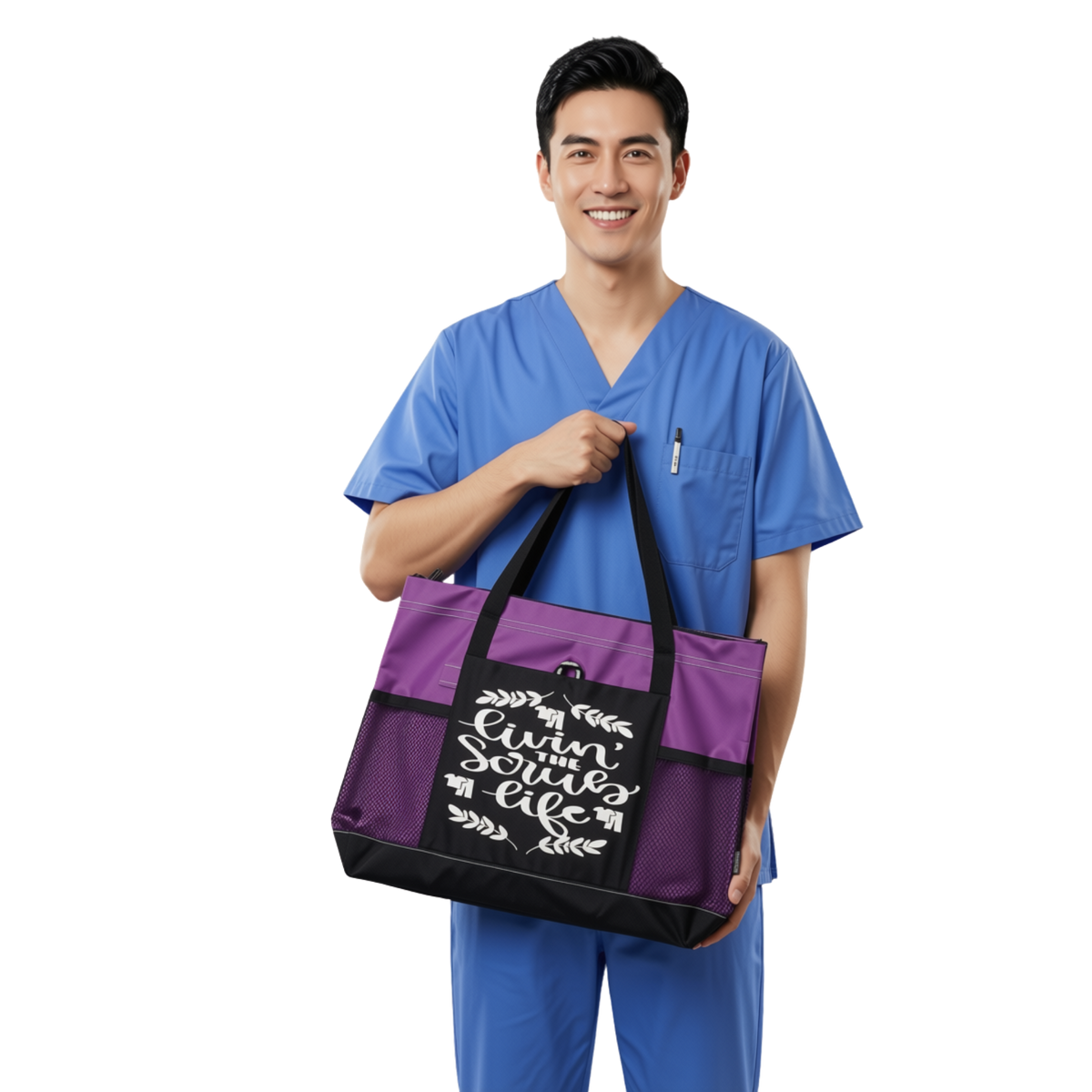 Living the Scrub Life Nurse Zippered Tote Bag – Large 600D Polyester Work Tote | 20" x 14" x 4"