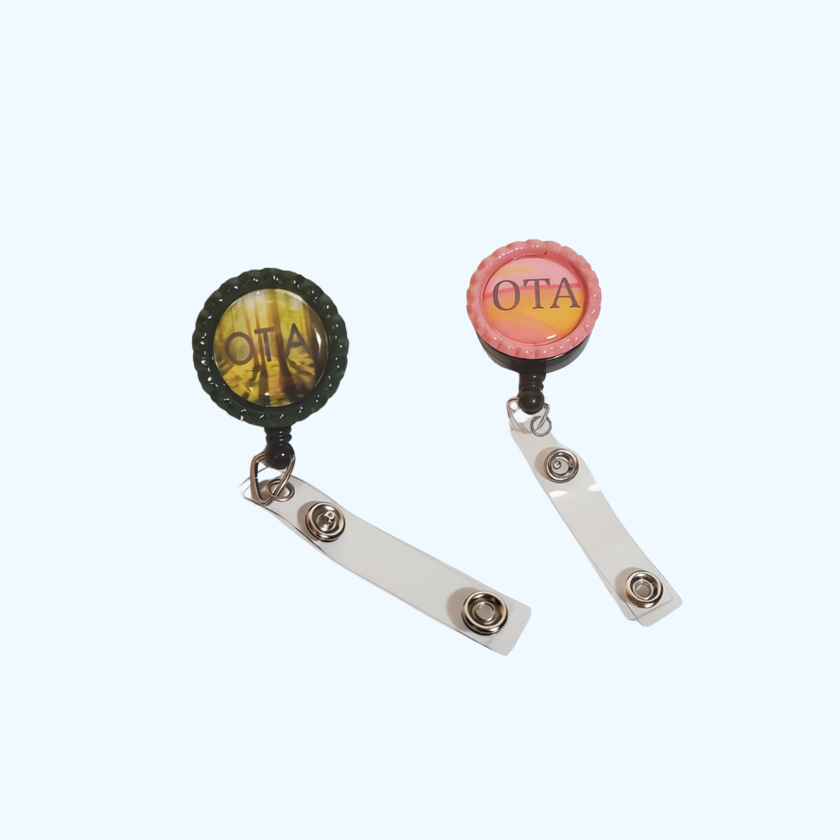 OTA Badge Reel with Retractable ID Holder – Decorative Flattened Bottle Cap – Occupational Therapy Assistant Badge Reel