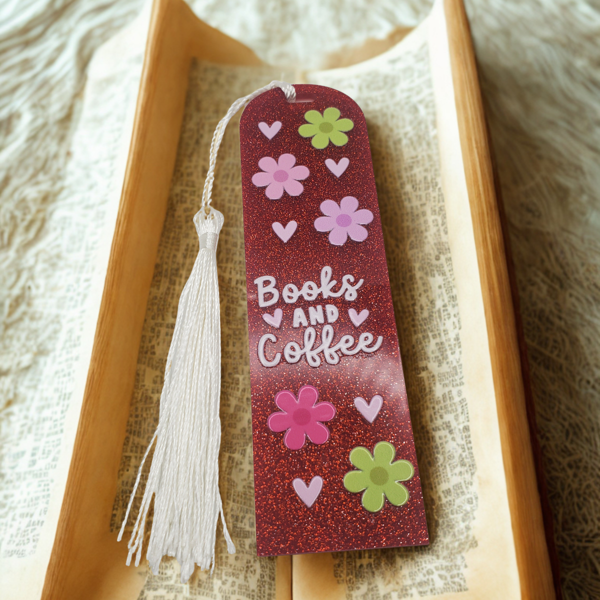 Custom Glitter Acrylic Bookmark – 4.72" x 1.3" | Books and Coffee