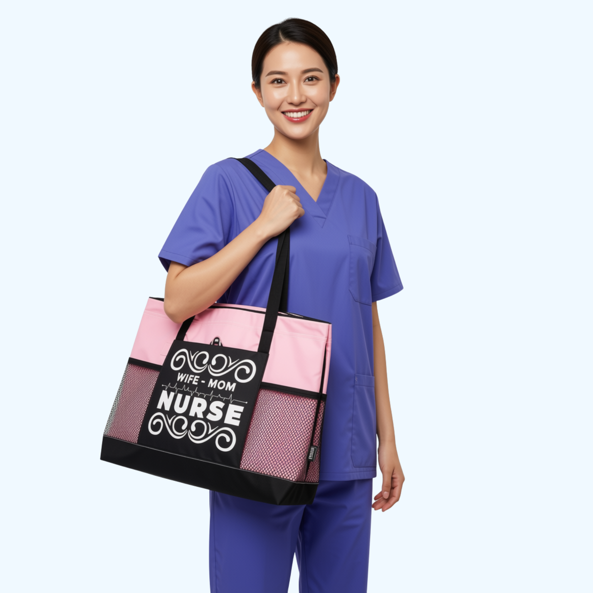 Wife Mom Nurse Zippered Tote Bag – Large 600D Polyester Nurse Work Tote | 20" x 14" x 4"