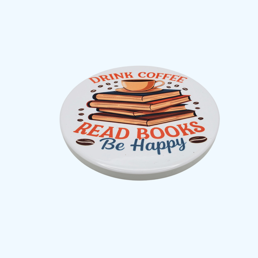 Drink Coffee Read Books Be Happy Ceramic & Cork Coaster | 3.5" Round Drink Coaster | Book Lover Gift | Coffee Lover Home Decor