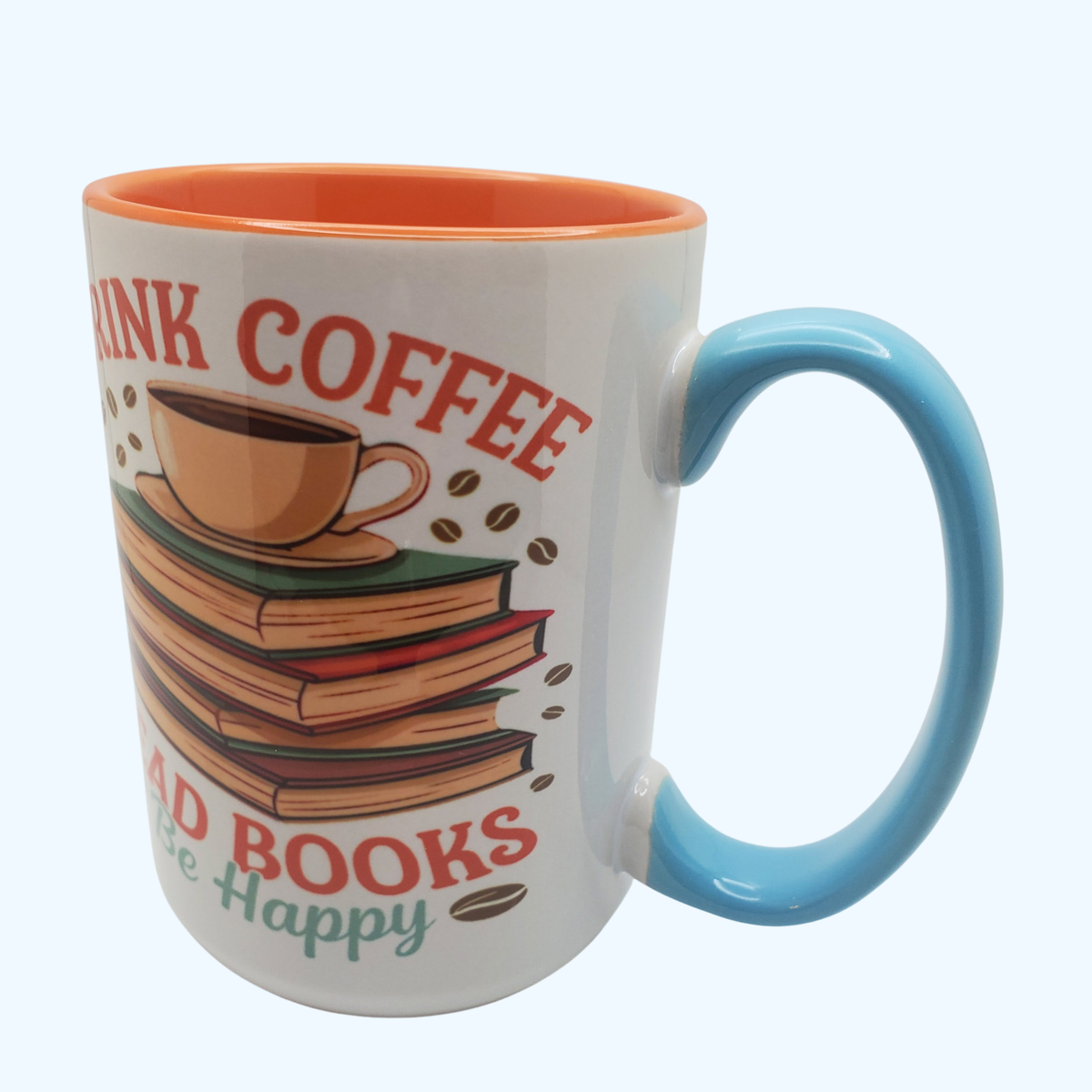 Drink Coffee Read Books Be Happy 15 oz Sahara Beveled Ceramic Mug | Book Lover Coffee Mug