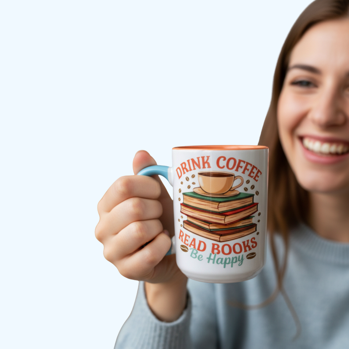 Drink Coffee Read Books Be Happy 15 oz Sahara Beveled Ceramic Mug | Book Lover Coffee Mug