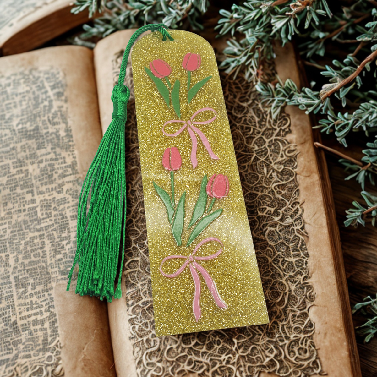 Custom Glitter Acrylic Bookmark – 4.72" x 1.3" | Flowers & Pink Bow