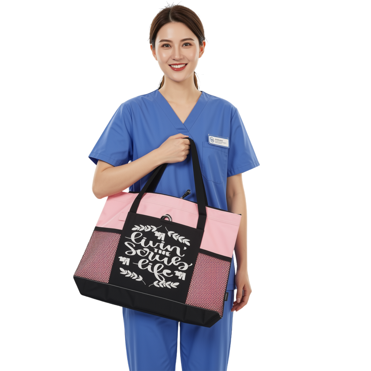 Living the Scrub Life Nurse Zippered Tote Bag – Large 600D Polyester Work Tote | 20" x 14" x 4"