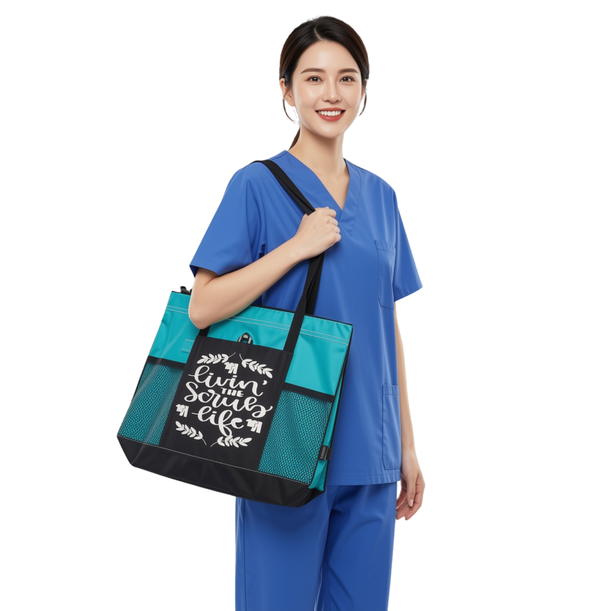Living the Scrub Life Nurse Zippered Tote Bag – Large 600D Polyester Work Tote | 20" x 14" x 4"
