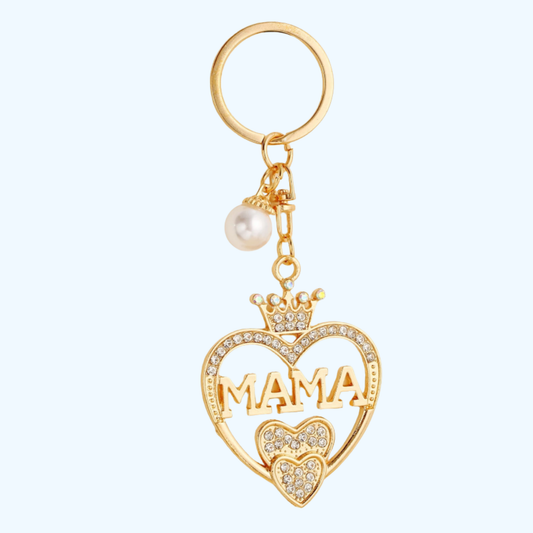 Mama Letter Rhinestone Heart with Faux Pearl Charm Keychain