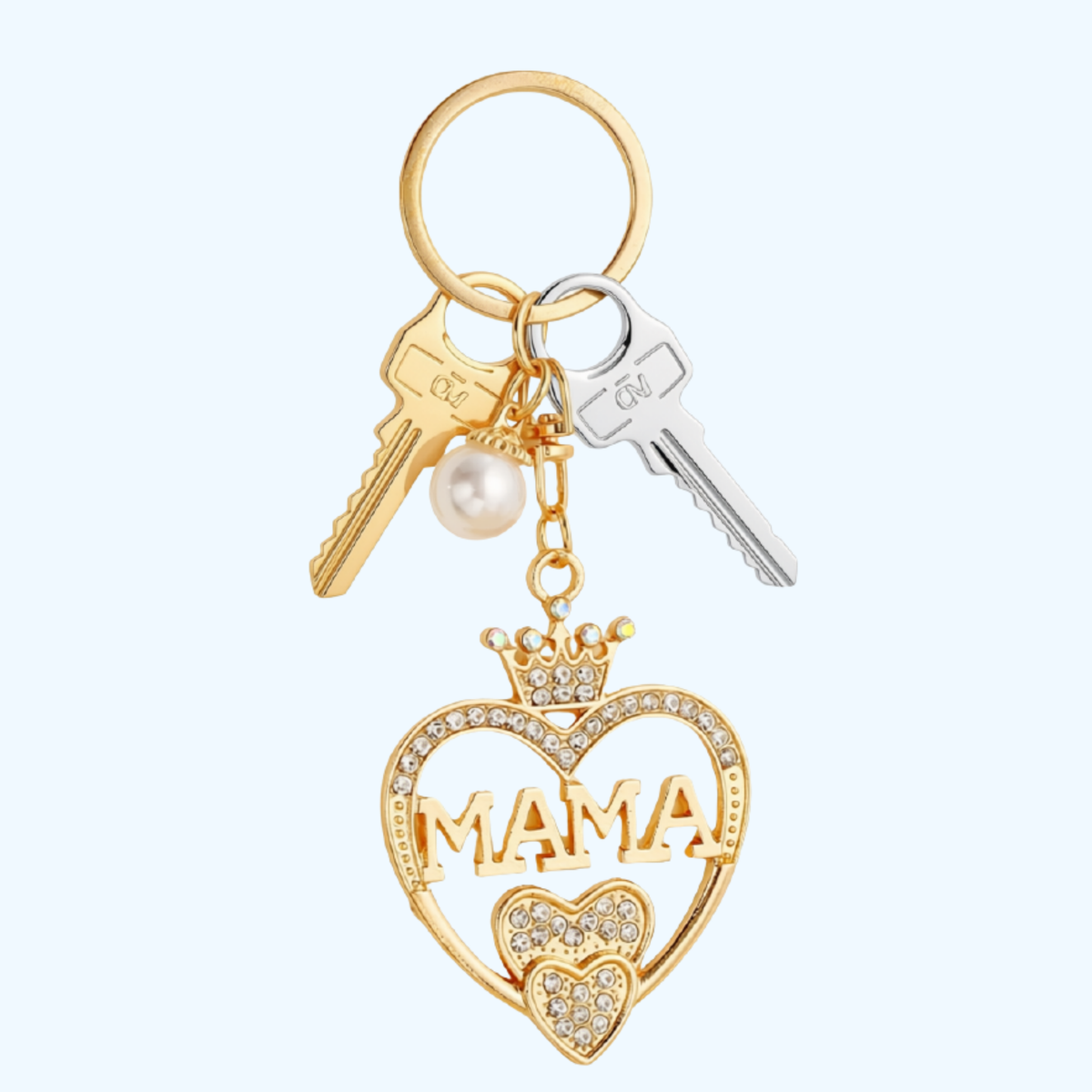 Mama Letter Rhinestone Heart with Faux Pearl Charm Keychain