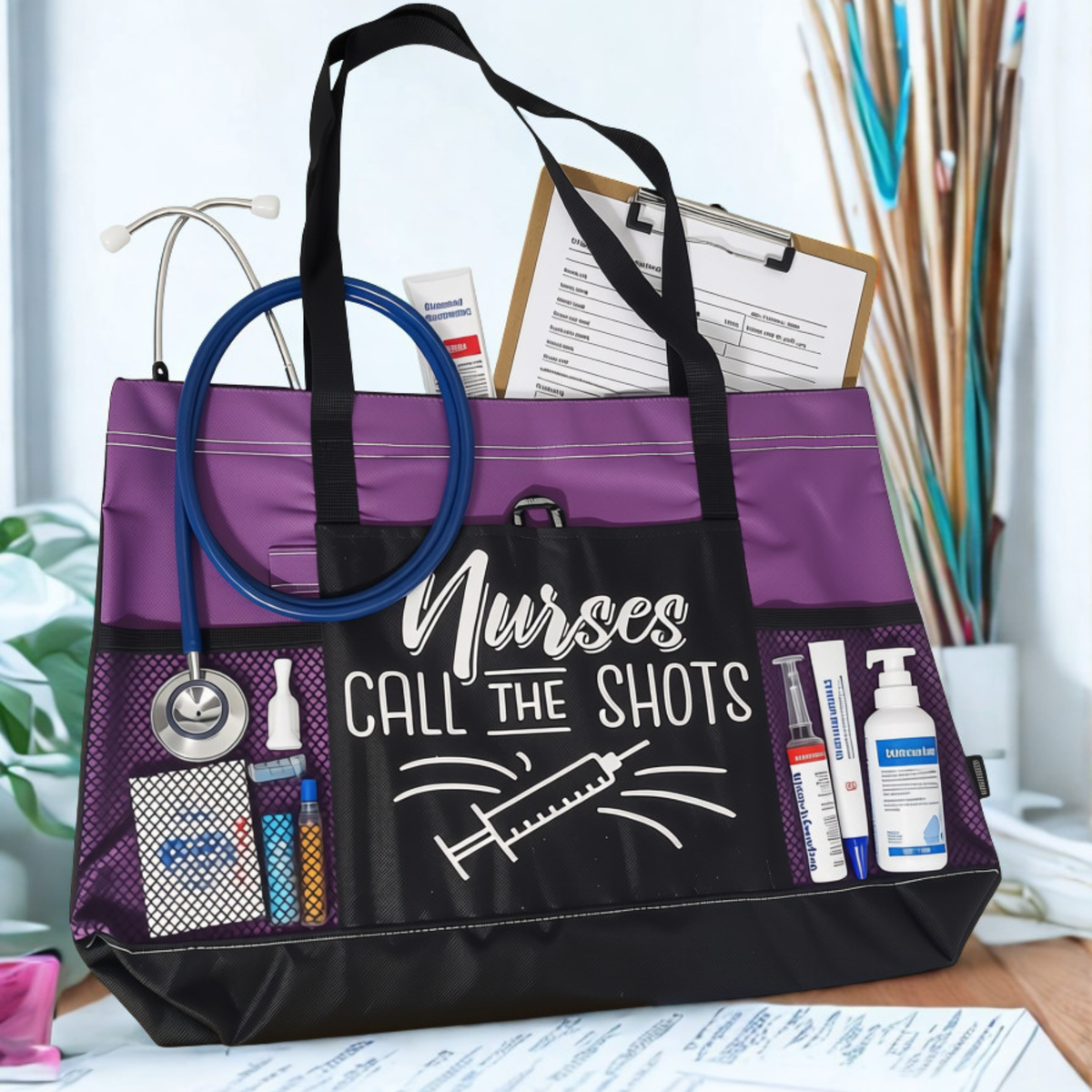 Nurses Call the Shot Zippered Tote Bag – Large 600D Polyester Nurse Work Tote | 20" x 14" x 4"
