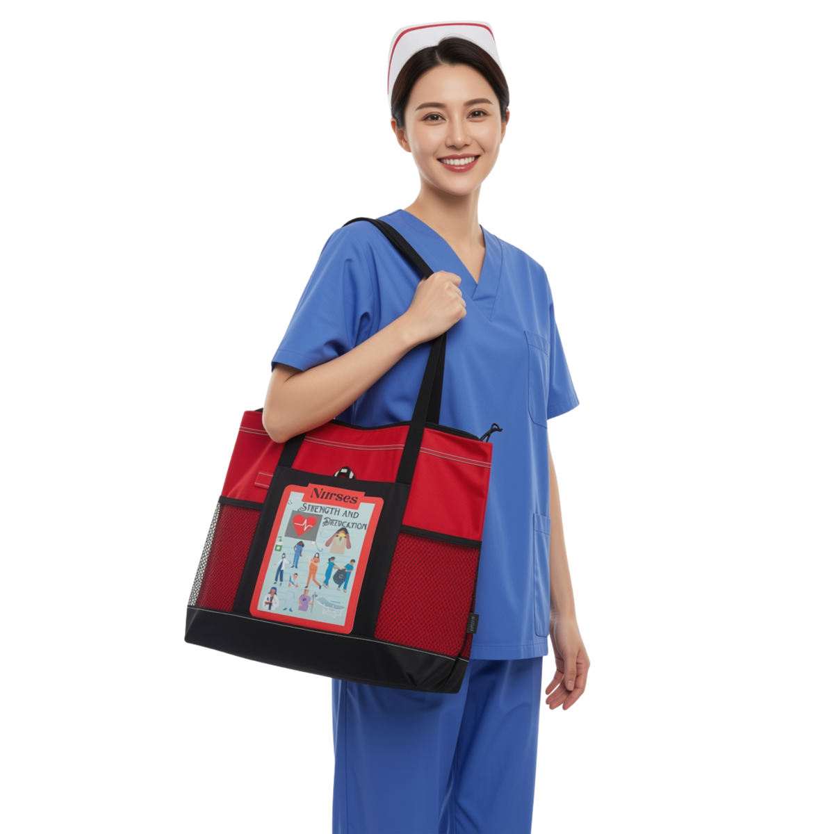 Nurses Strength and Dedication Zippered Tote Bag – Large 600D Polyester Nurse Work Tote | 20" x 14" x 4"