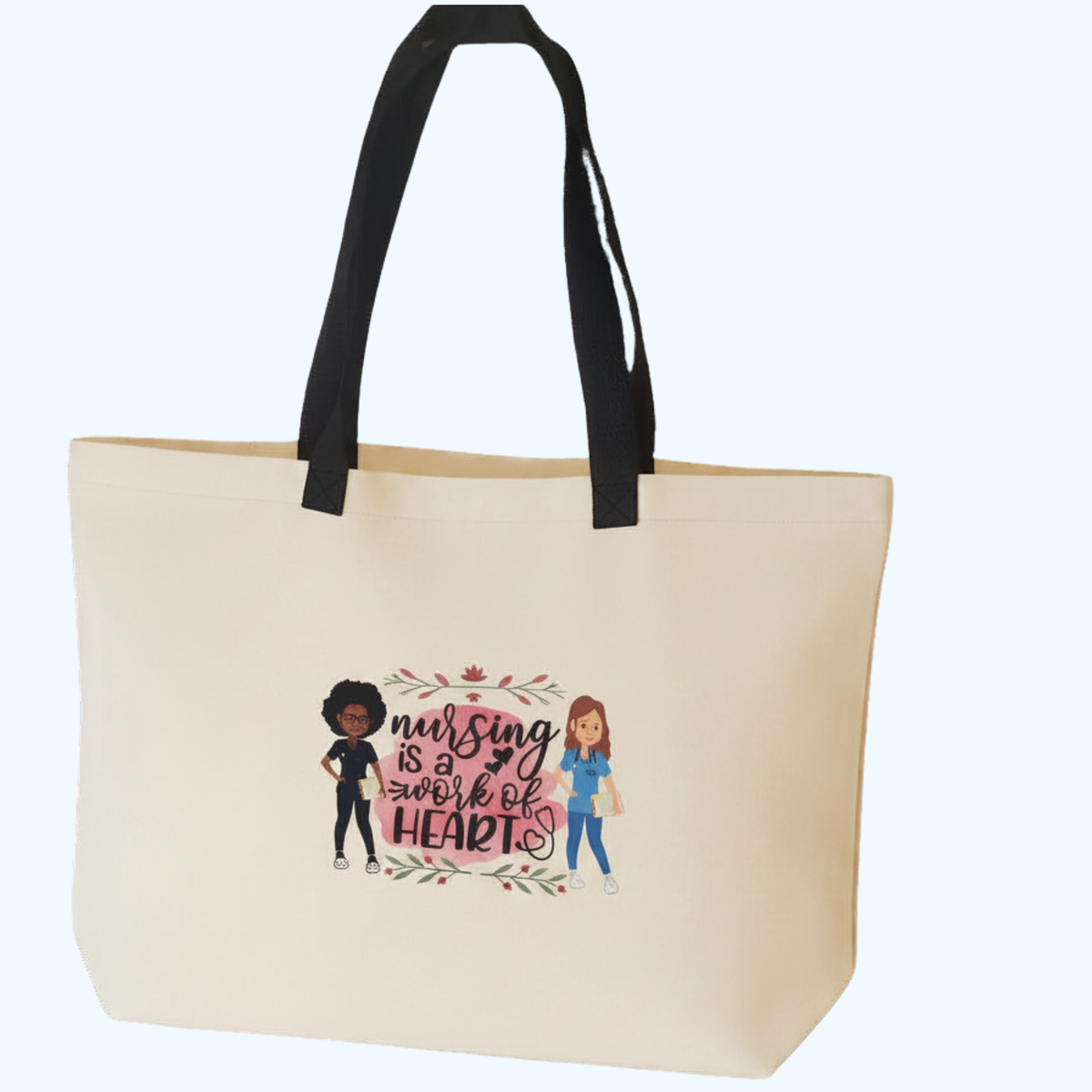 19" x 14" Nursing Tote Bag – "Nursing Is a Work of Heart" Canvas Carryall Gift for Nurses