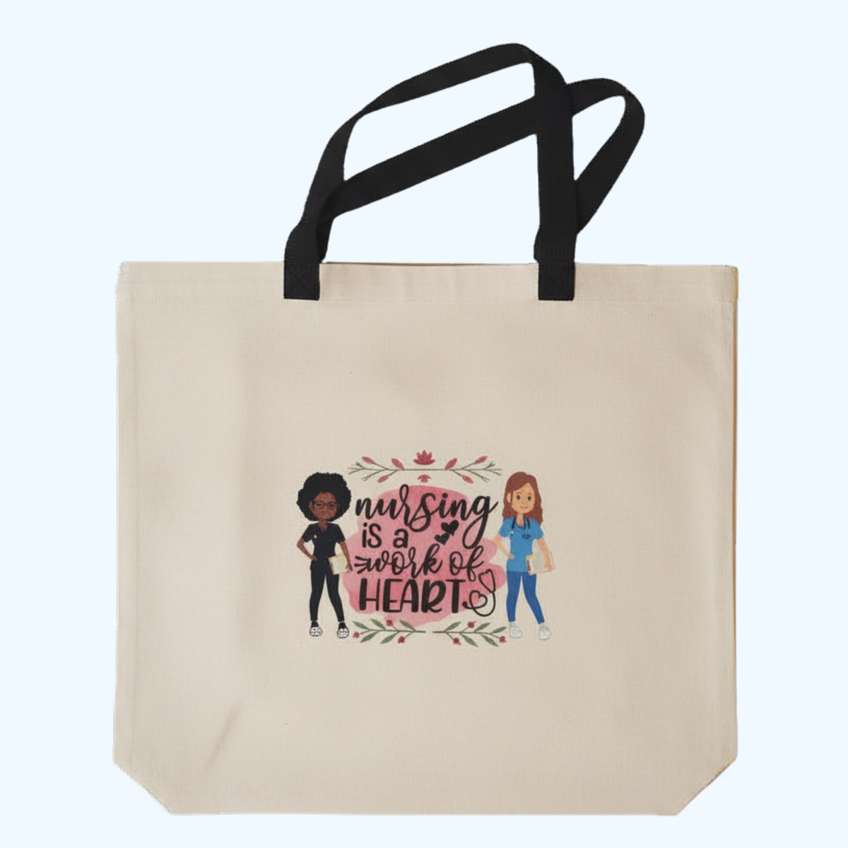 19" x 14" Nursing Tote Bag – "Nursing Is a Work of Heart" Canvas Carryall Gift for Nurses