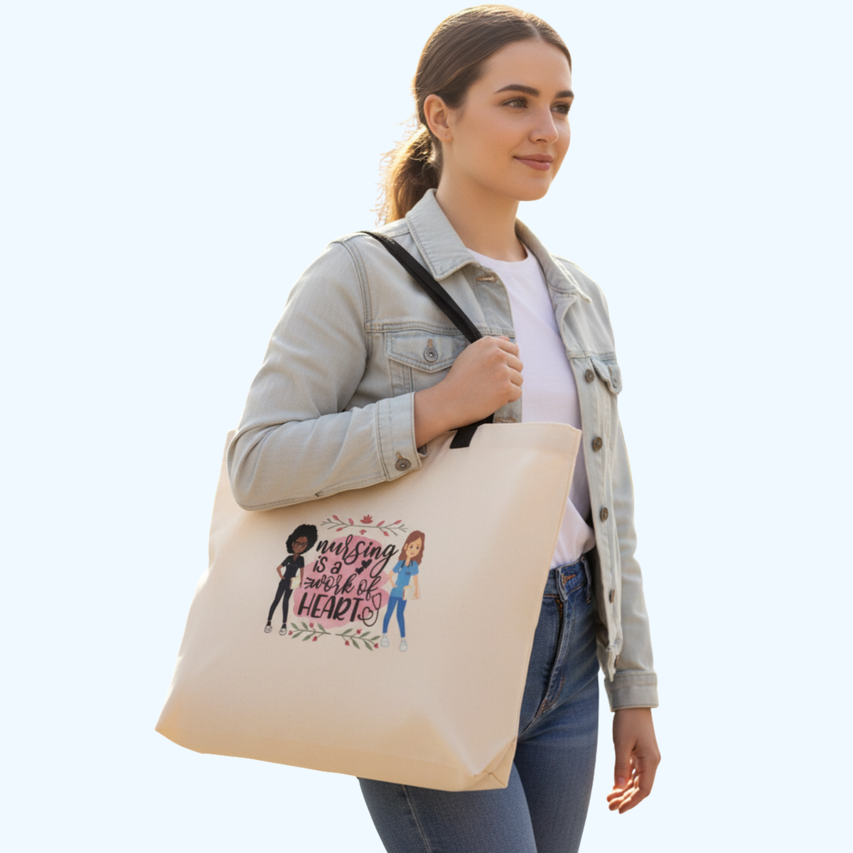 19" x 14" Nursing Tote Bag – "Nursing Is a Work of Heart" Canvas Carryall Gift for Nurses