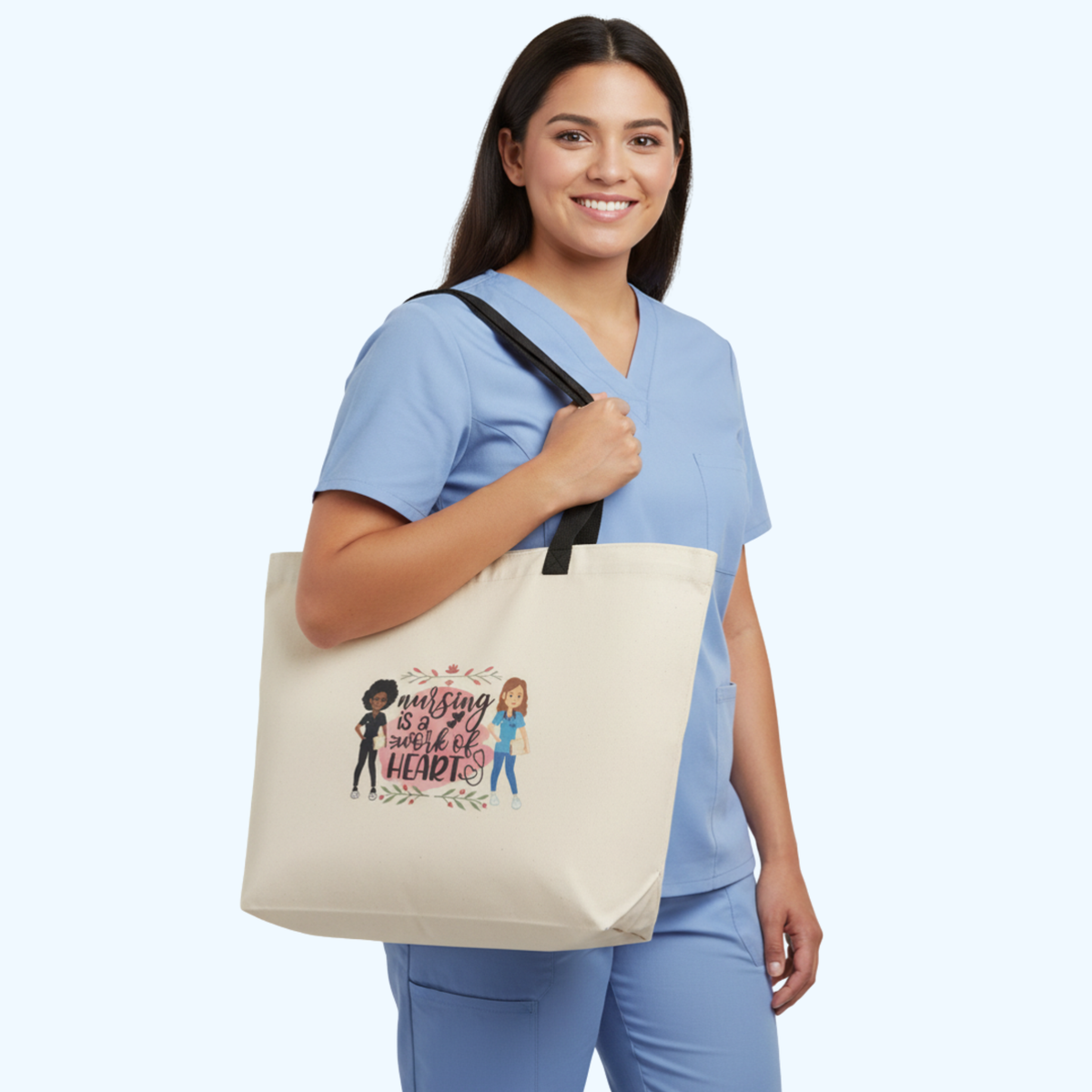 19" x 14" Nursing Tote Bag – "Nursing Is a Work of Heart" Canvas Carryall Gift for Nurses