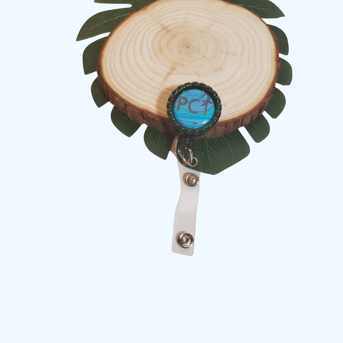 PCT Badge Reel with Retractable ID Holder – Decorative Flattened Bottle Cap – Patient Care Technician Badge Reel