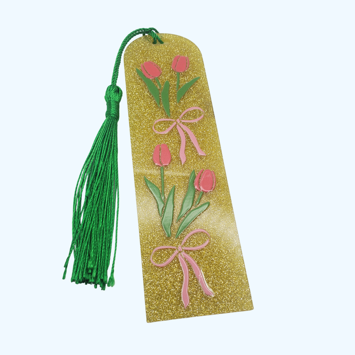 Custom Glitter Acrylic Bookmark – 4.72" x 1.3" | Flowers & Pink Bow