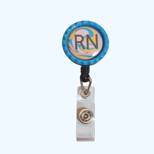 RN Badge Reel with Retractable ID Holder &amp; Decorative Flattened Bottle Cap