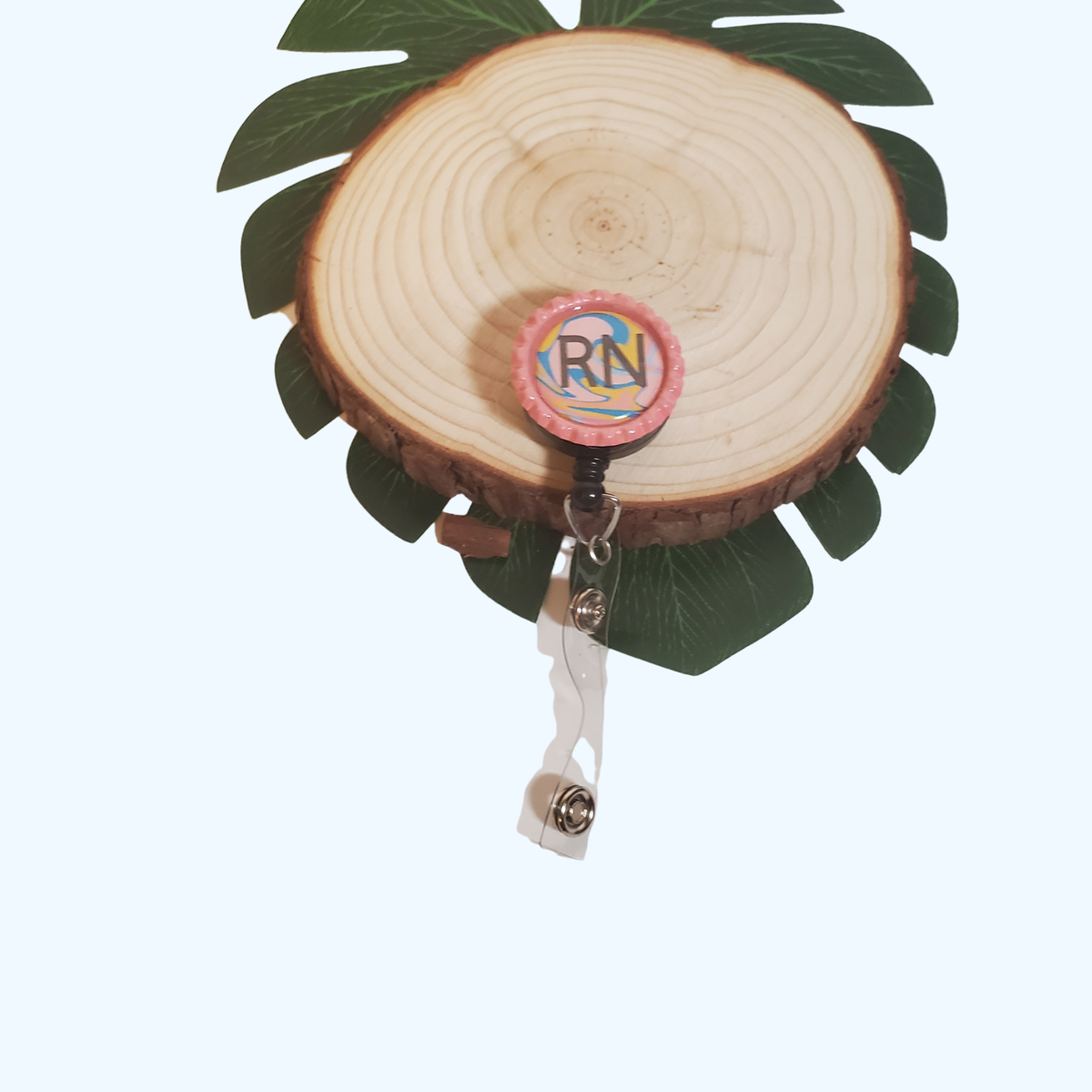 RN Badge Reel with Retractable ID Holder & Decorative Flattened Bottle Cap