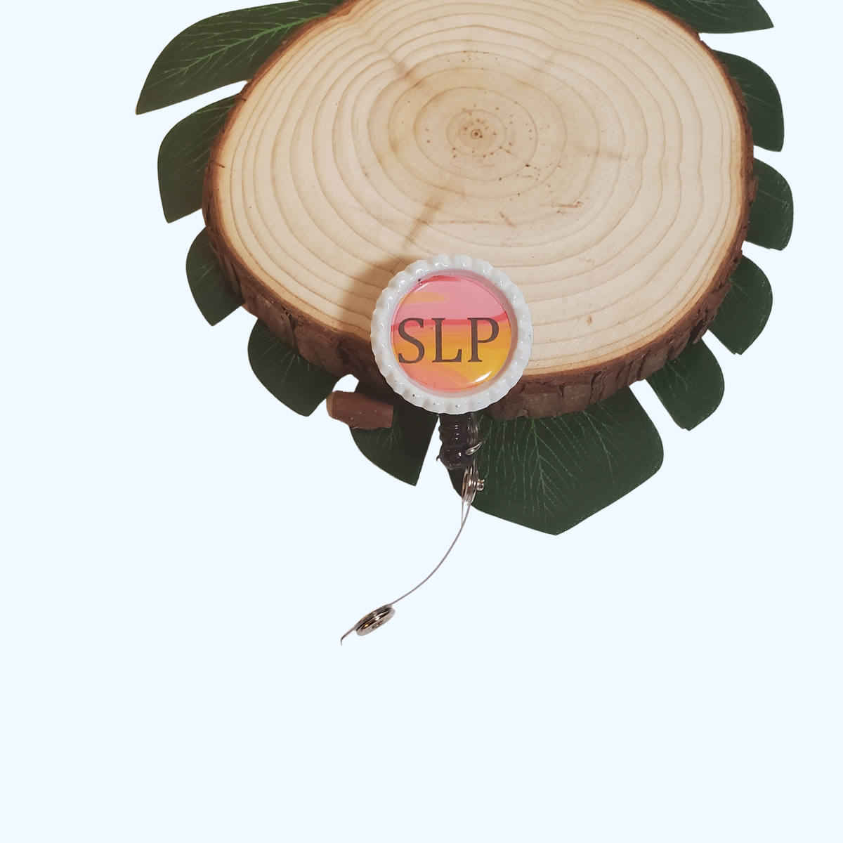 SLP Badge Reel with Retractable ID Holder – Decorative Flattened Bottle Cap – Speech-Language Pathologist Badge Reel