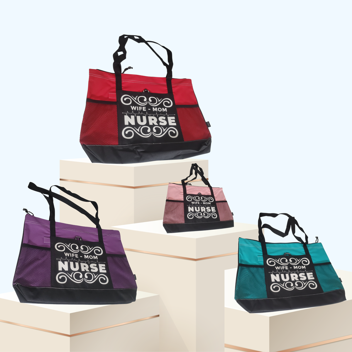 Wife Mom Nurse Zippered Tote Bag – Large 600D Polyester Nurse Work Tote | 20" x 14" x 4"