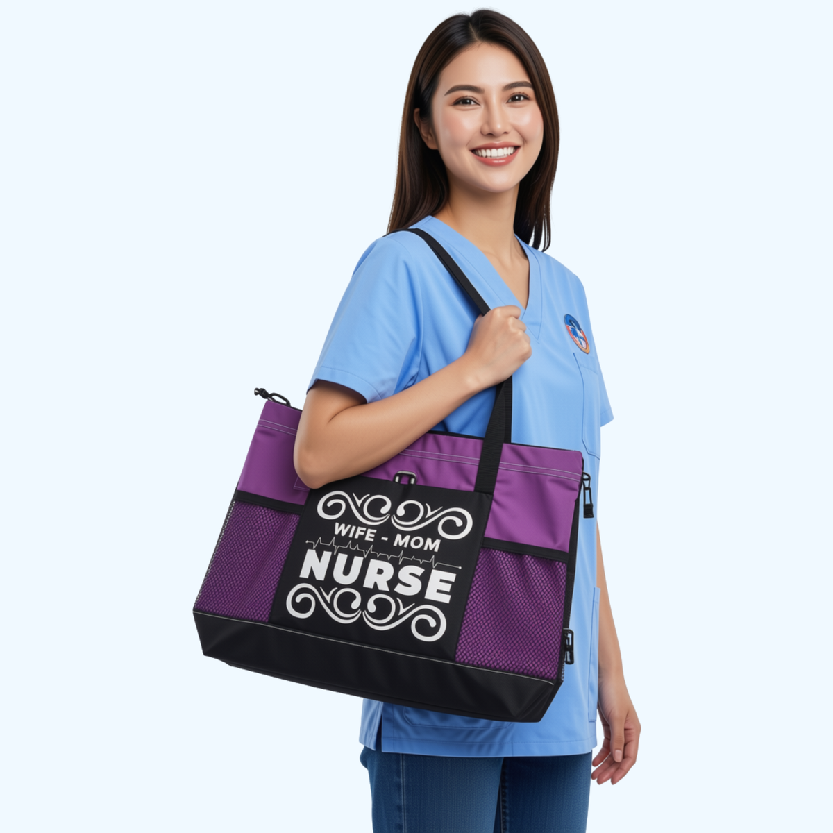 Wife Mom Nurse Zippered Tote Bag – Large 600D Polyester Nurse Work Tote | 20" x 14" x 4"