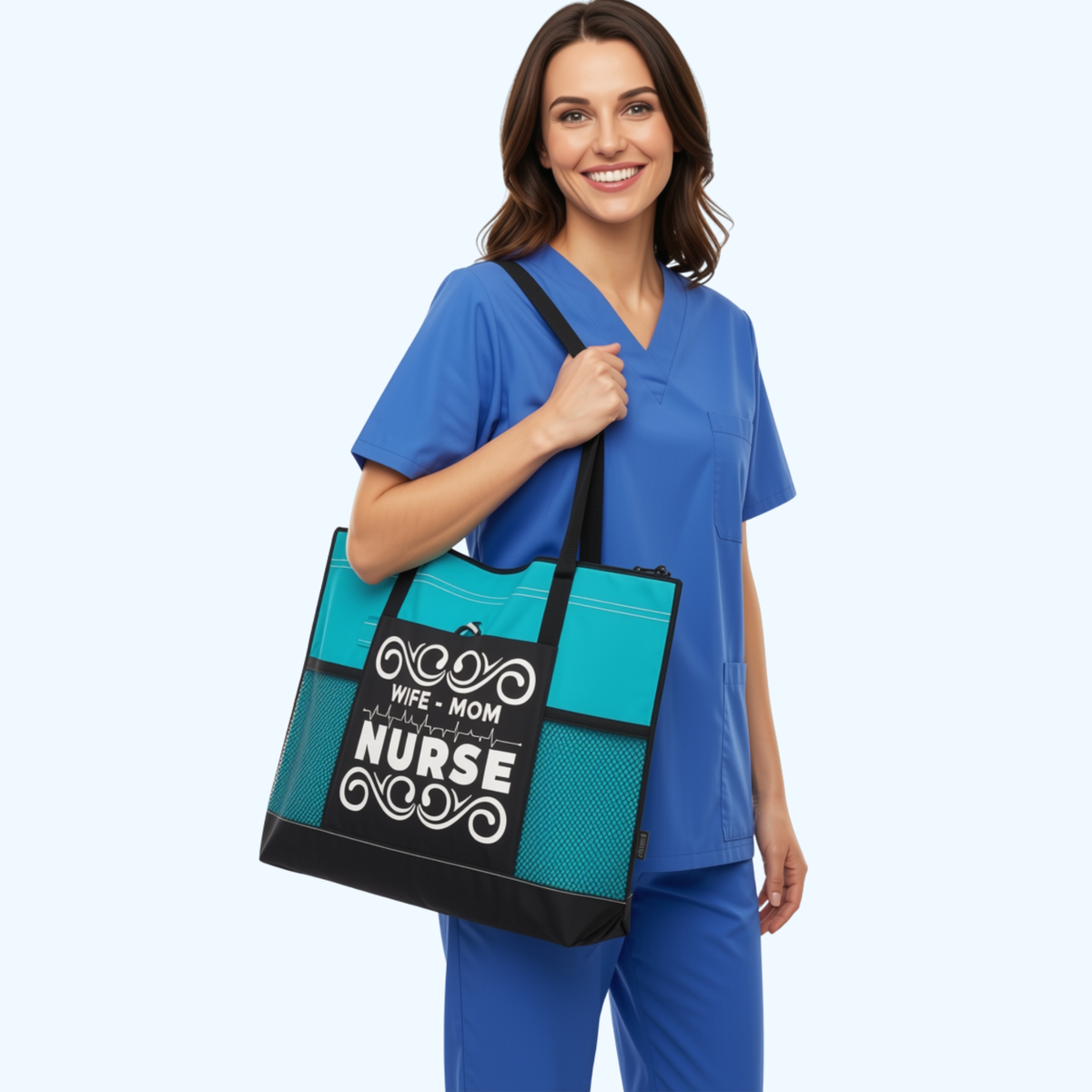 Wife Mom Nurse Zippered Tote Bag – Large 600D Polyester Nurse Work Tote | 20" x 14" x 4"
