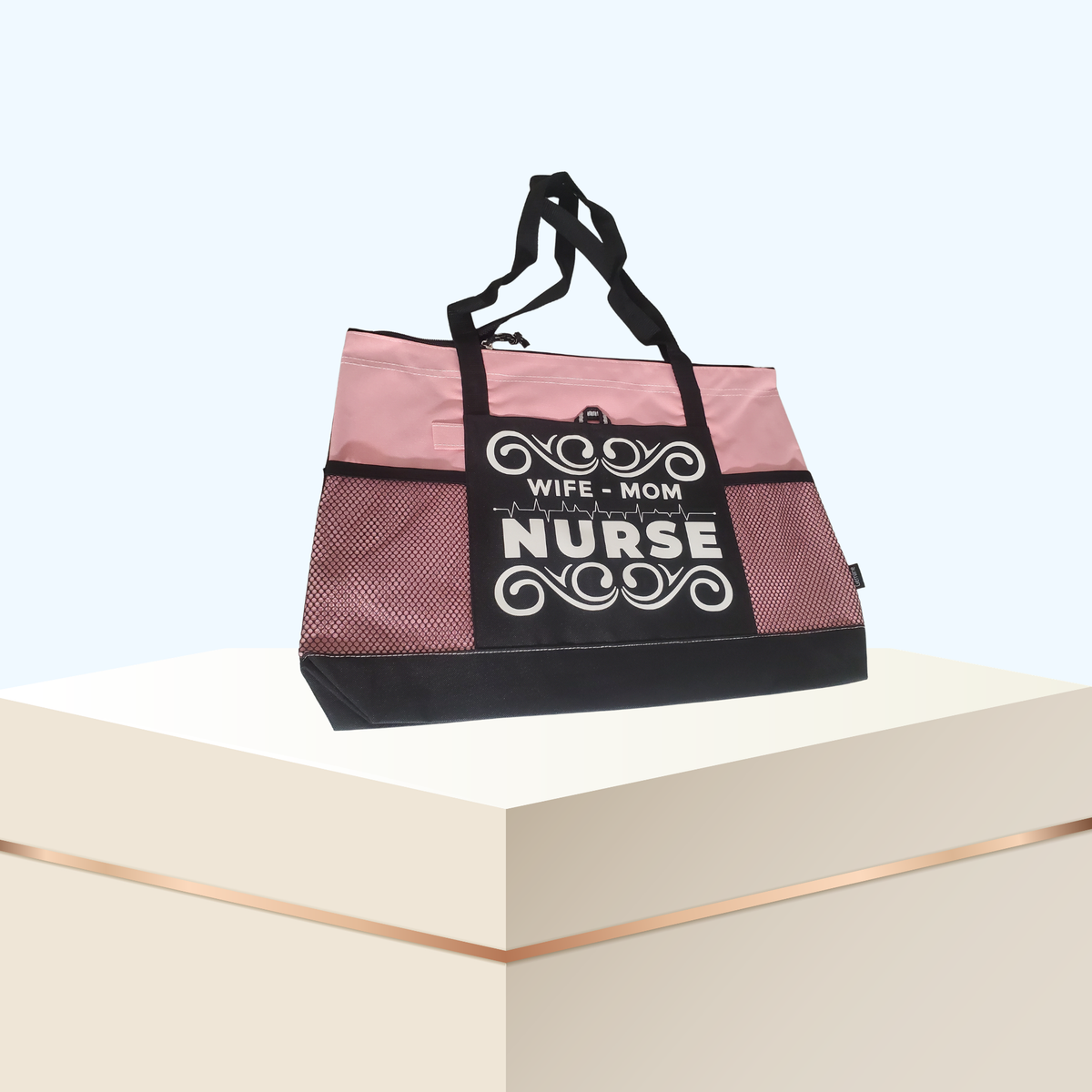 Wife Mom Nurse Zippered Tote Bag – Large 600D Polyester Nurse Work Tote | 20" x 14" x 4"