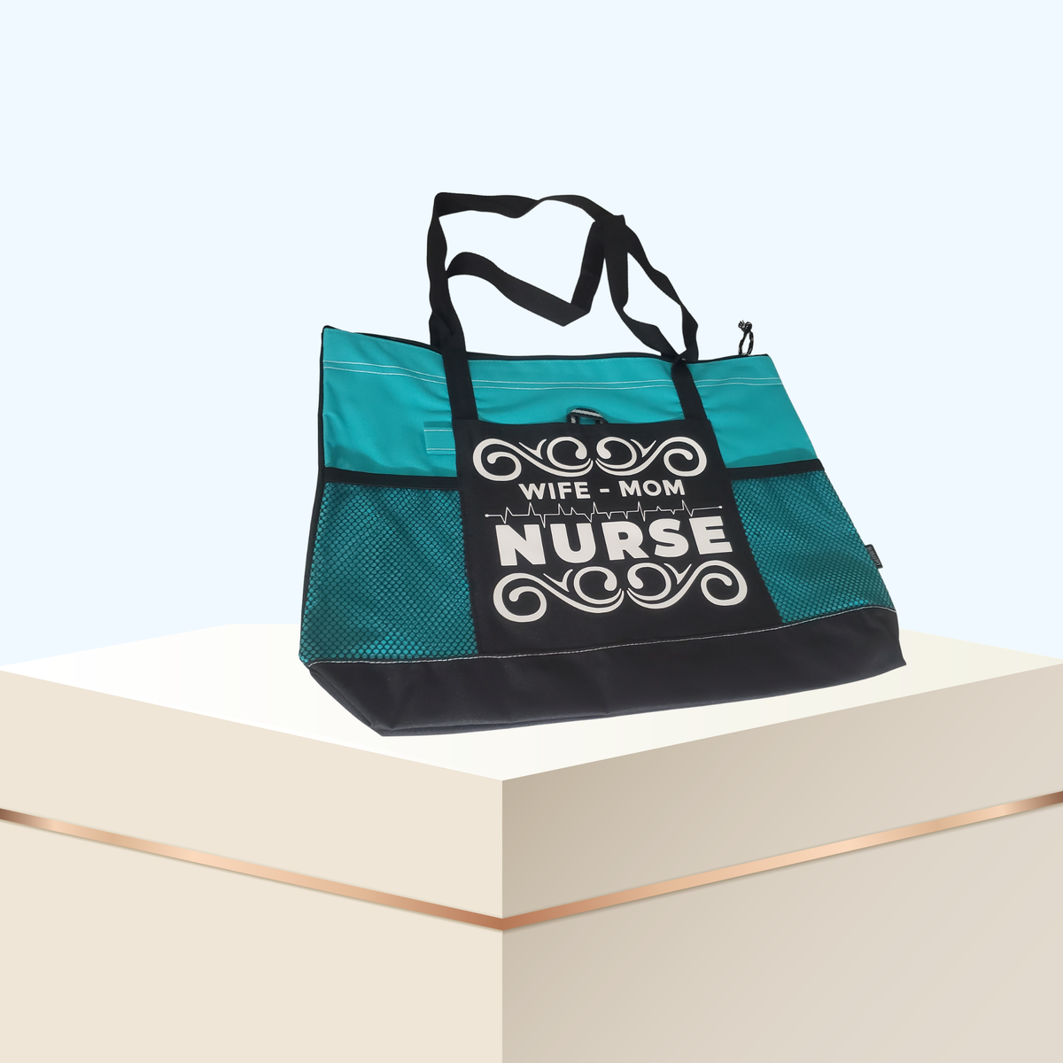 Wife Mom Nurse Zippered Tote Bag – Large 600D Polyester Nurse Work Tote | 20" x 14" x 4"