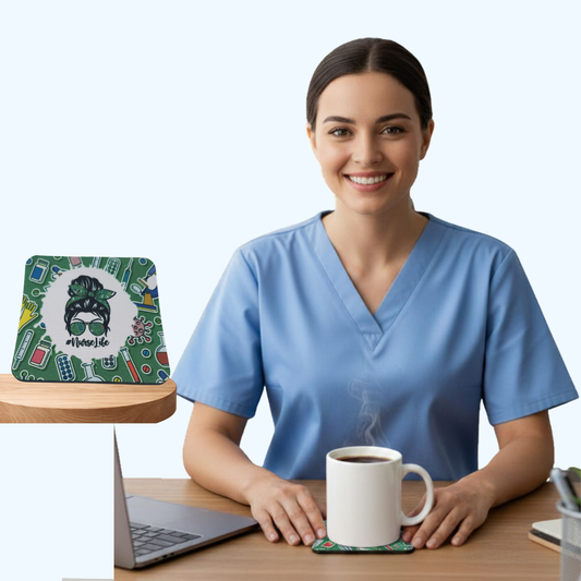 Nurse Life Green Neoprene Coaster 4x4 Inch | Non-Slip Drink Coaster