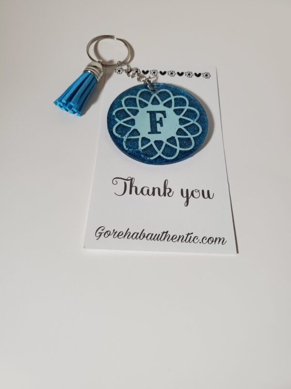Letter F Acrylic Keychain with Blue Tassel
